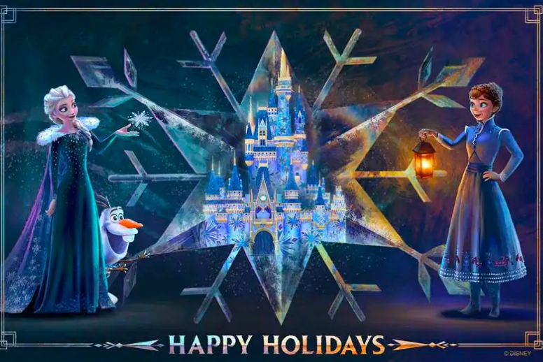 Banner da Festa de Natal da Disney com a Frozen e o Castelo, desejando Boas Festas.

