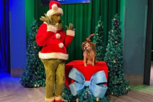 Grinch e um cachorrinho tirando fotos