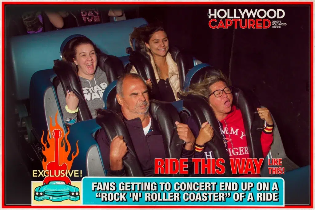 Fernanda Batista (Orlando Diferente), com mais 3 pessoas, em foto dentro da montanha-russa Rock 'n' Roller Coaster 