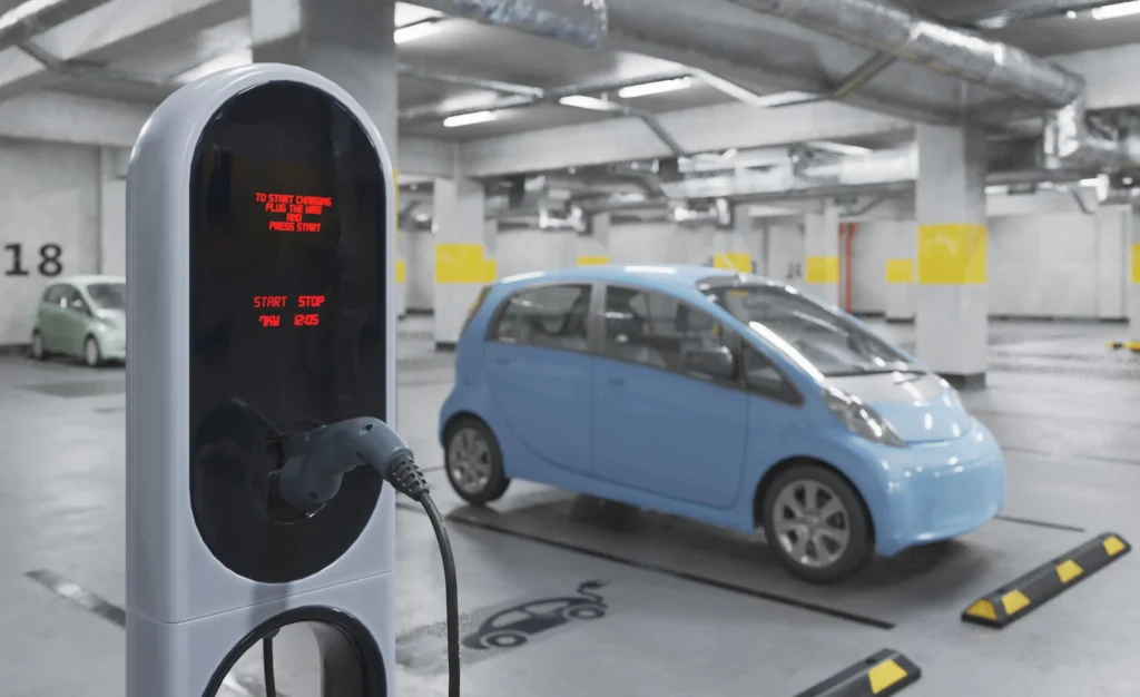 Carro elétrico azul carrega em estacionamento