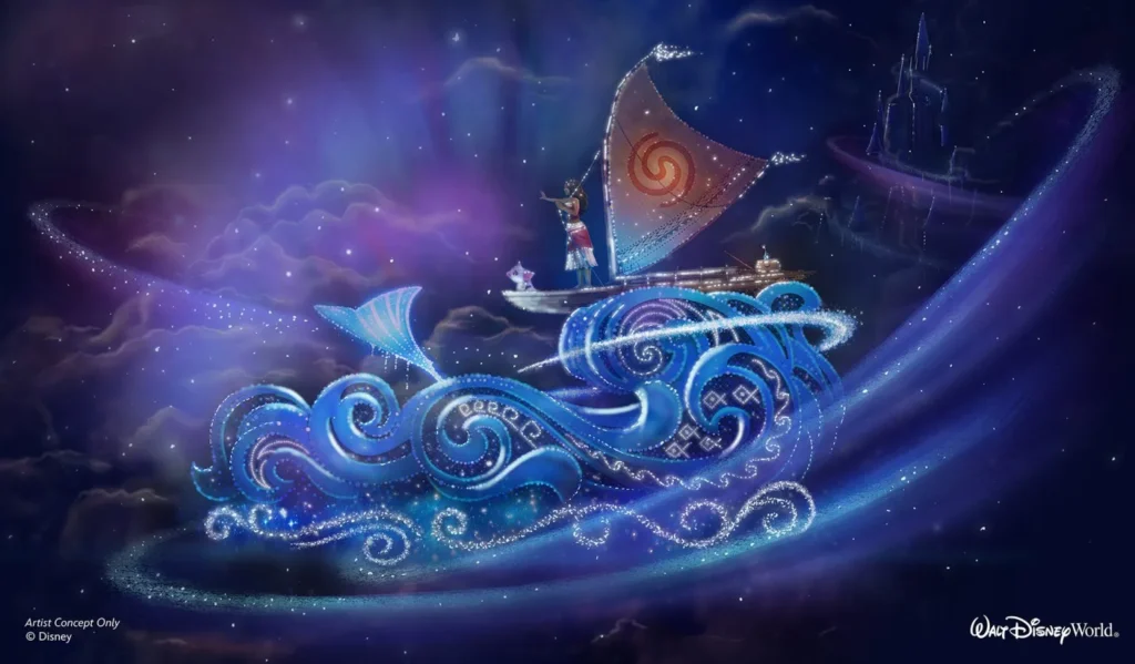 Carro alegórico Moana - nova parada noturna Disney Starlight: Dream The Night Away do Magic Kingdom