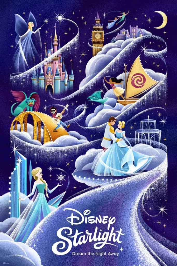 Pôster da nova parada noturna do Mgic Kingdom "Disney Starlight: Dream the Night Away"